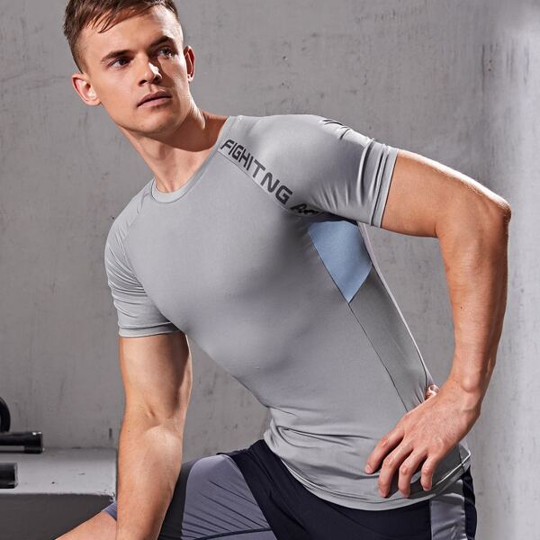

Men Letter Graphic Skinny Sports Tee, Grey