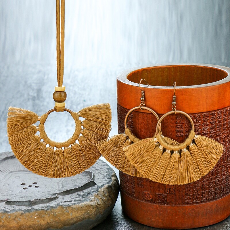

Tassel Charm Necklace & Earrings, Coffee brown