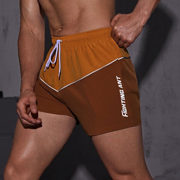 

Men Reflective Letter Graphic Colorblock Sports Shorts, Mustard yellow