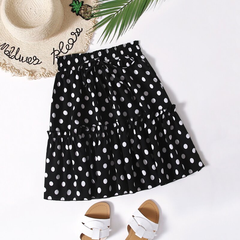 

Polka Dot Knot Front Ruffle Hem Skirt, Black