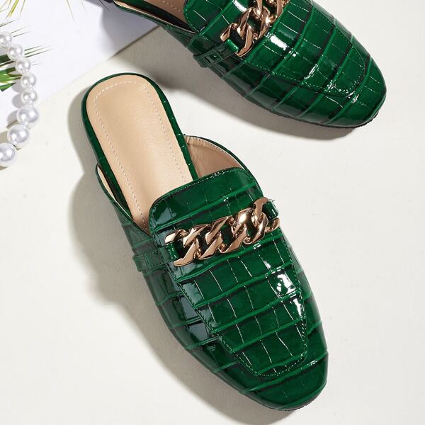 

Chain Decor Croc Embossed Flat Mules, Green