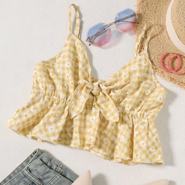 

Tie Front Ruffle Hem Gingham & Daisy Floral Cami Top, Yellow