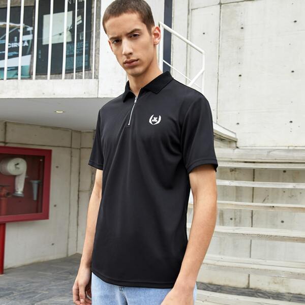 

Men Letter Graphic Half Zipper Placket Polo Shirt, Black