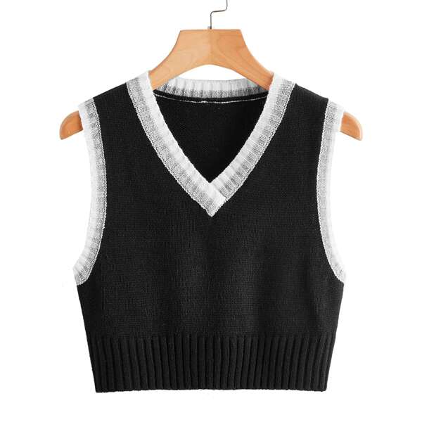 

Contrast Trim Sweater Vest, Black