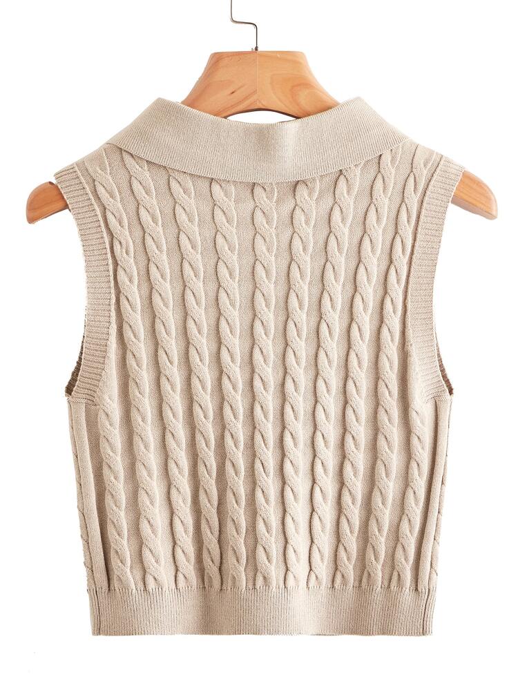 Button Front Cable Knit Sweater Vest - Khaki - View 2