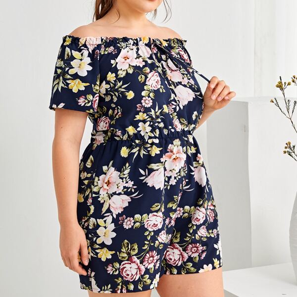 

Plus Floral Print Tie Front Bardot Romper, Multicolor
