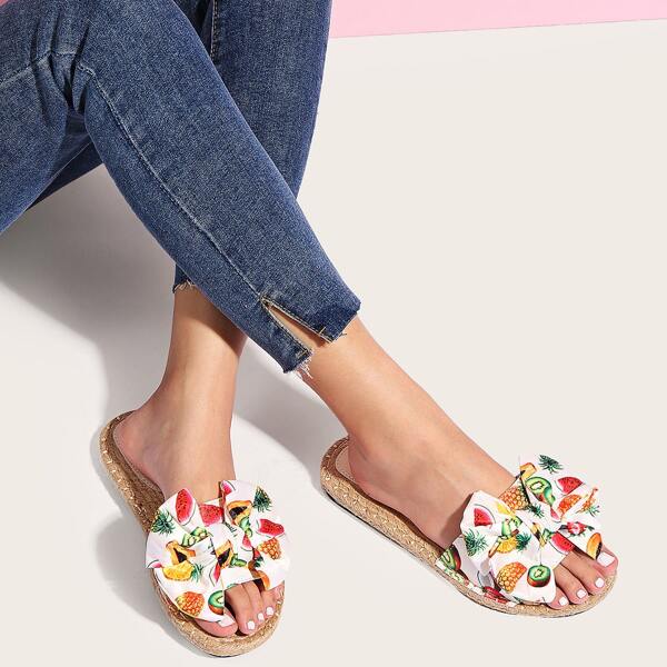 

Fruit Graphic Bow Decor Slide Sandals, Multicolor