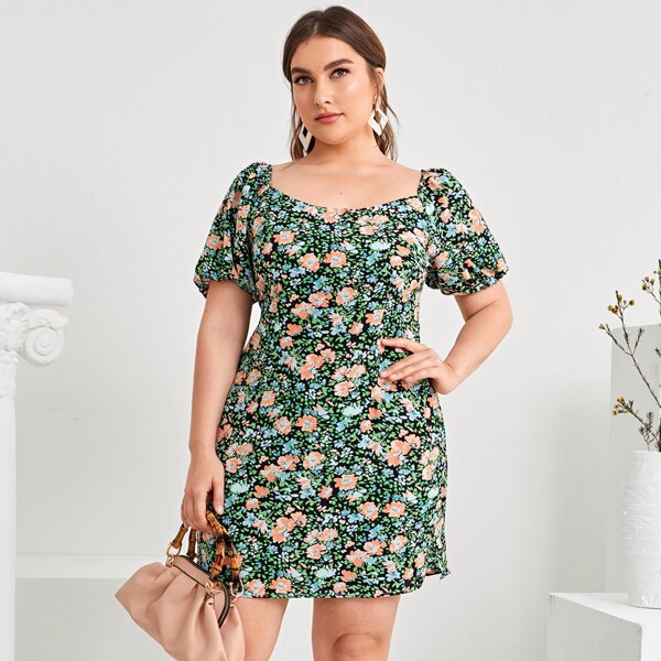 

Plus Floral Crisscross Tie Back Milkmaid Dress, Multicolor