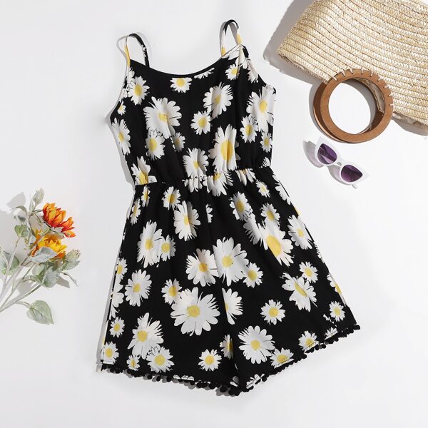 

Plus Daisy Print Pom Pom Cami Romper, Multicolor