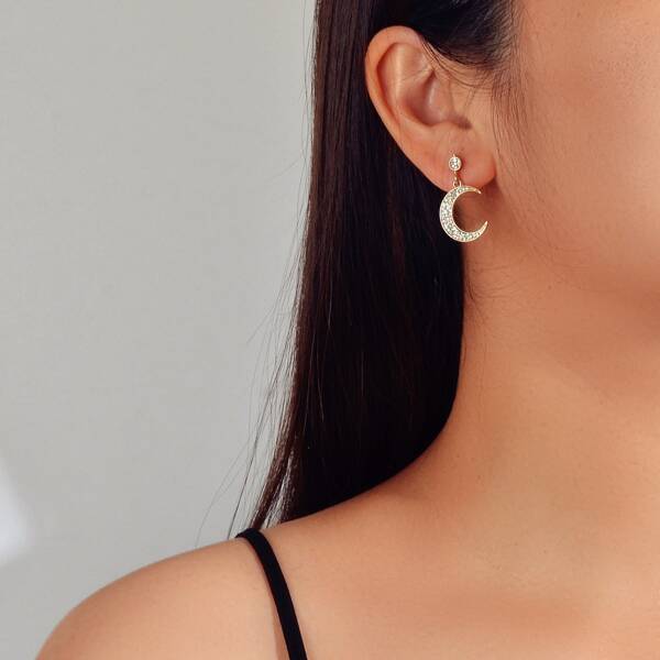 

Rhinestone Moon Design Drop Earrings, Gold