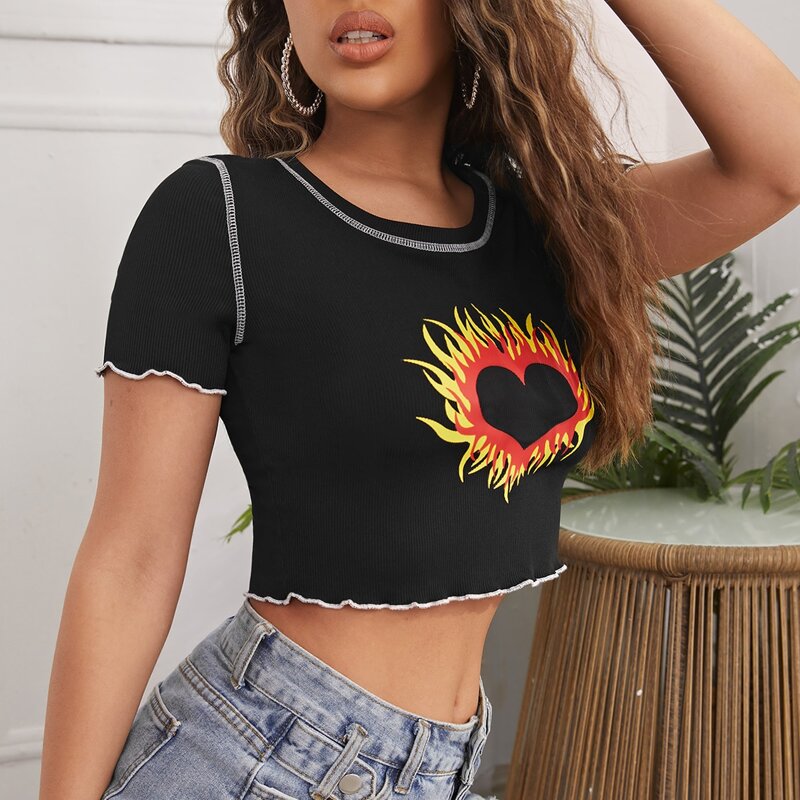 

Heart And Fire Print Lettuce Trim Tee, Black