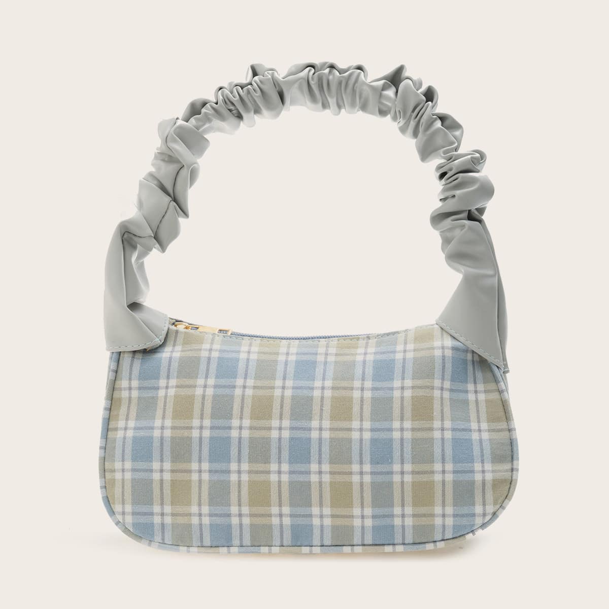 

Ruched Handle Plaid Baguette Bag, Grey