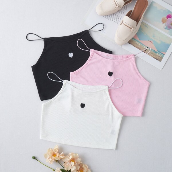 

3 Pack Heart Embroidery Cami Top, Multicolor