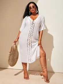 SHEIN Swim Curve Plus Crochet Trim Split Hem Cover Up - White - View 1