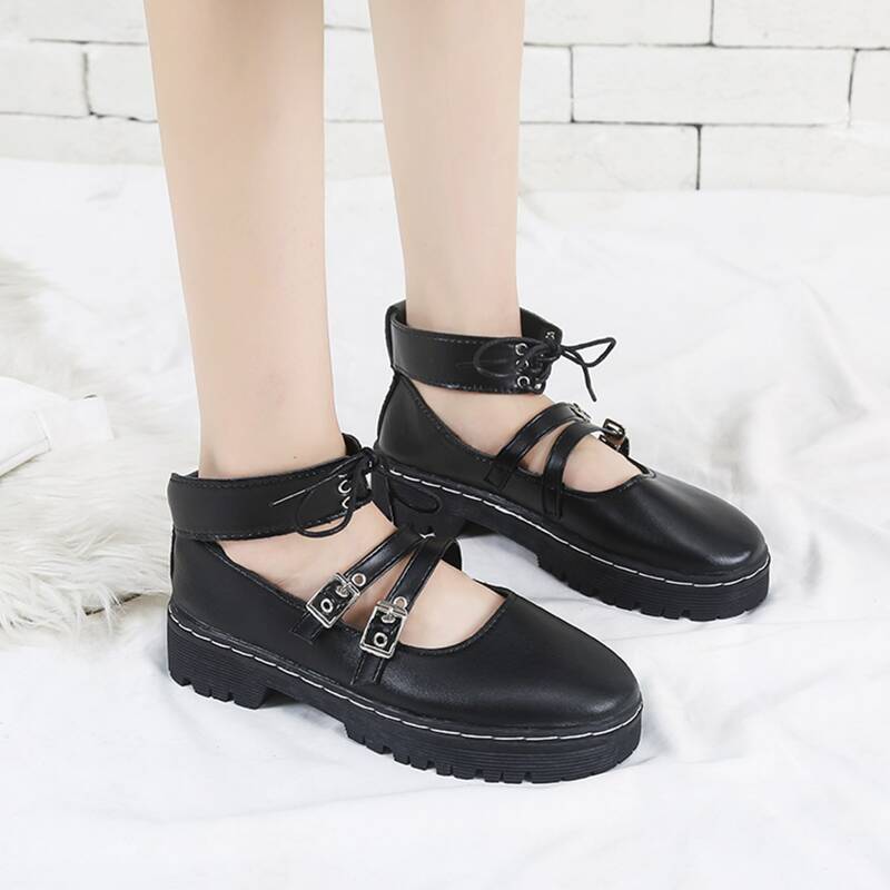 

Lug Sole Ankle Strap Mary Janes, Black