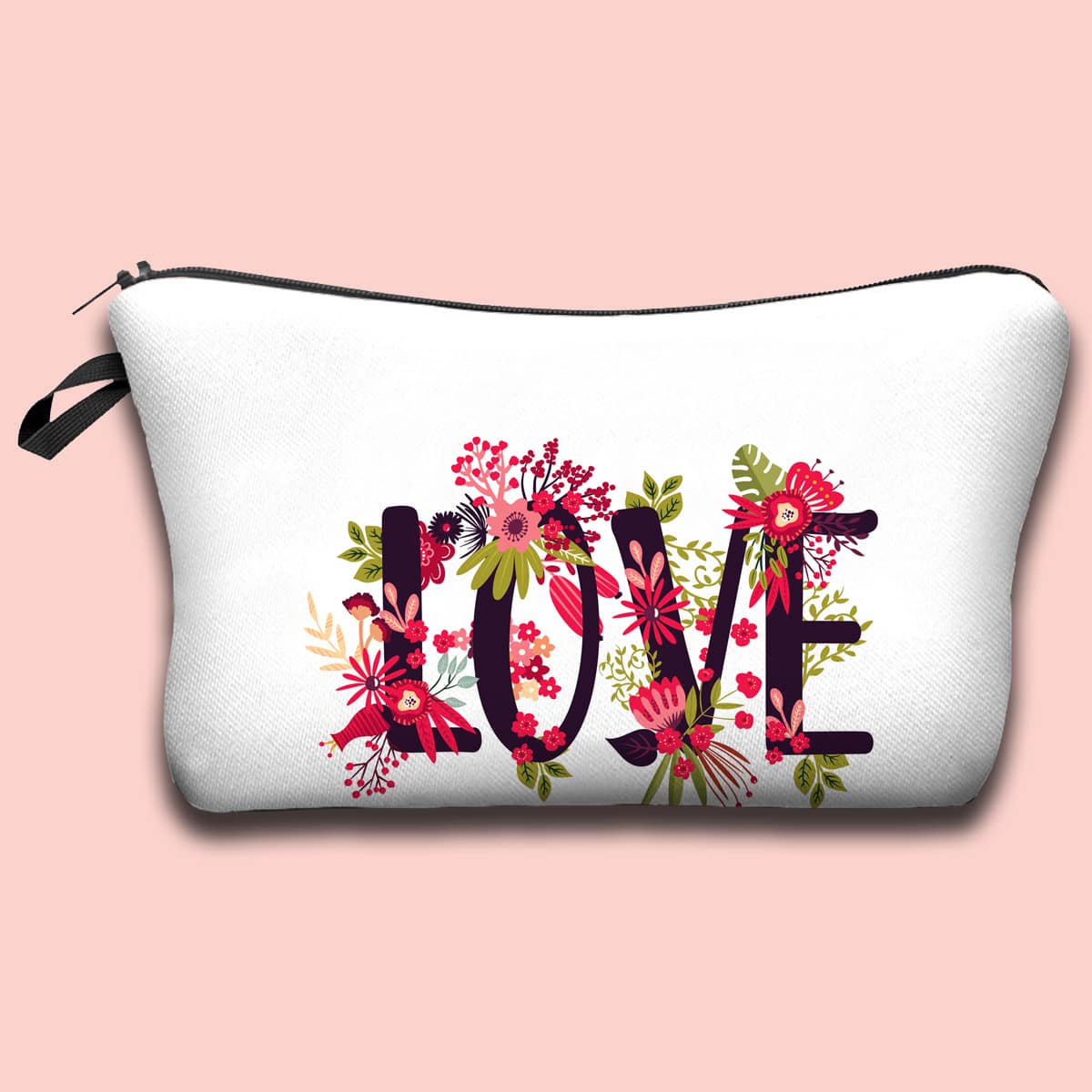 

Letter & Flower Print Makeup Bag, White