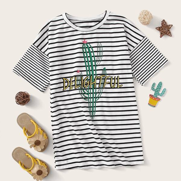 

Toddler Girls Letter And Striped Print Tee Dress, Black and white