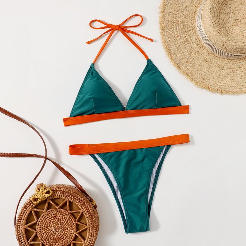 

Contrast Binding Tanga Bikini Swimsuit, Green