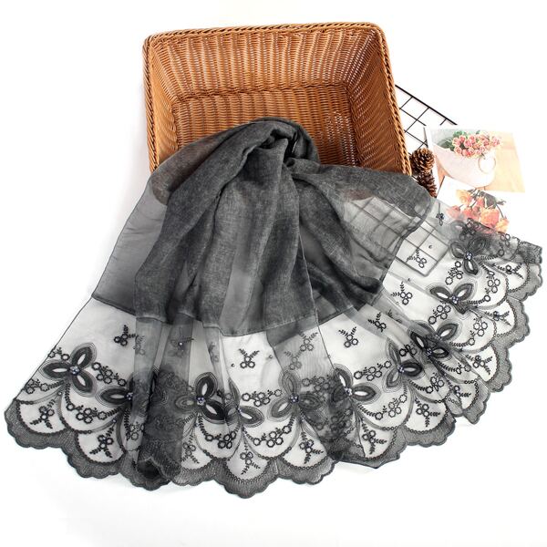 

Faux Pearl Decor Embroidery Scarf, Black