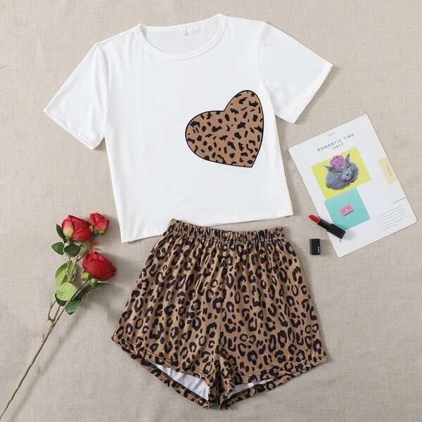 

Cheetah & Heart Print Pajama Set, Multicolor