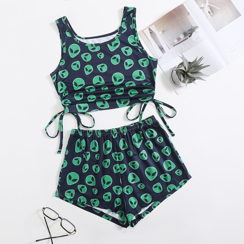 

Allover Alien Print Drawstring Side PJ Set, Multicolor