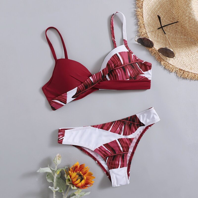 

Leaf Print Push Up Bikini Swimsuit, Red and white