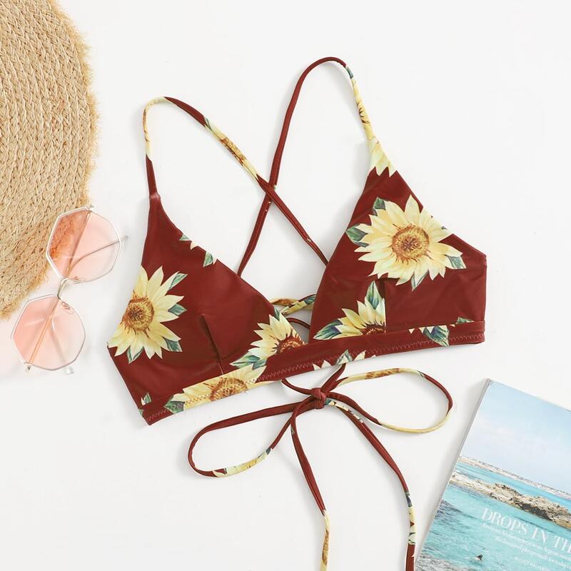 

Sunflower Print Lace-up Bikini Top, Multicolor