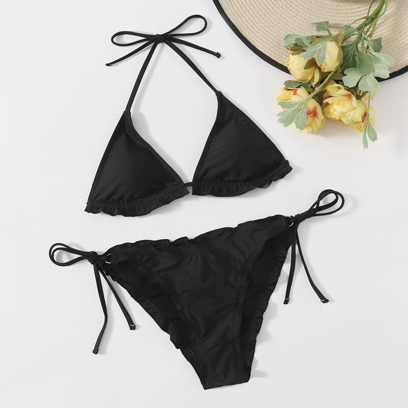 

Frill Trim Tie Side Bikini Swimsuit, Black