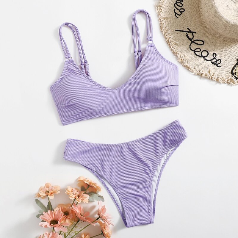 

Ribbed Double Strap Bikini Swimsuit, Purple