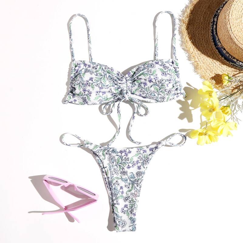 

Floral Drawstring Front Bikini Swimsuit, Multicolor