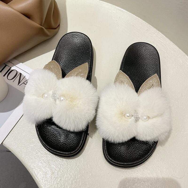 

Glitter Ear Fluffy Bow Slides, Beige