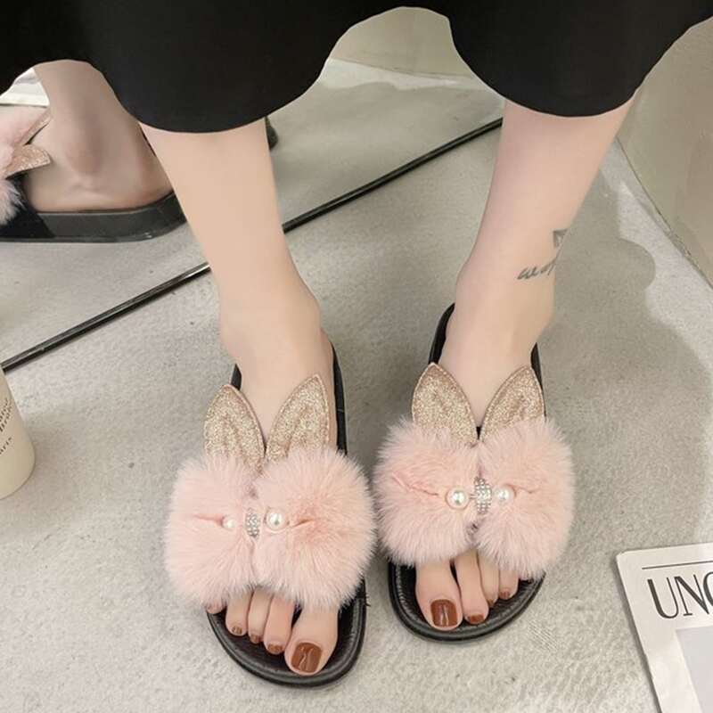 

Glitter Ear Fluffy Bow Slides, Baby pink
