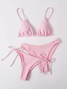 Swim Mod 夏日海灘三入組三角形綁帶比基尼套裝 - 淺粉色 - 查看 3