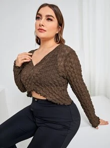 SHEIN Privé áo nữ kích thước lớn Xù nhỏ màu trơn Giải trí - Màu nâu Sô-cô-la - Xem 5