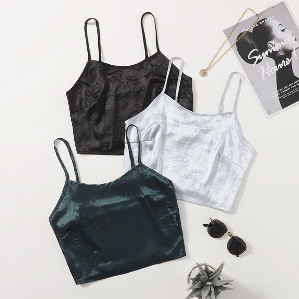 

3pcs Satin Jacquard Shirred Back Crop Cami Top, Multicolor