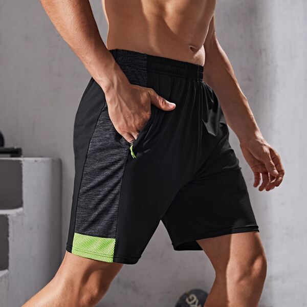 

Men Contrast Panel Zipper Pocket Sports Shorts, Black