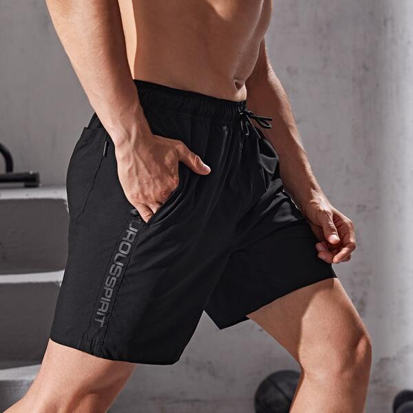 

Men Letter Graphic Drawstring Waist Sports Shorts, Black