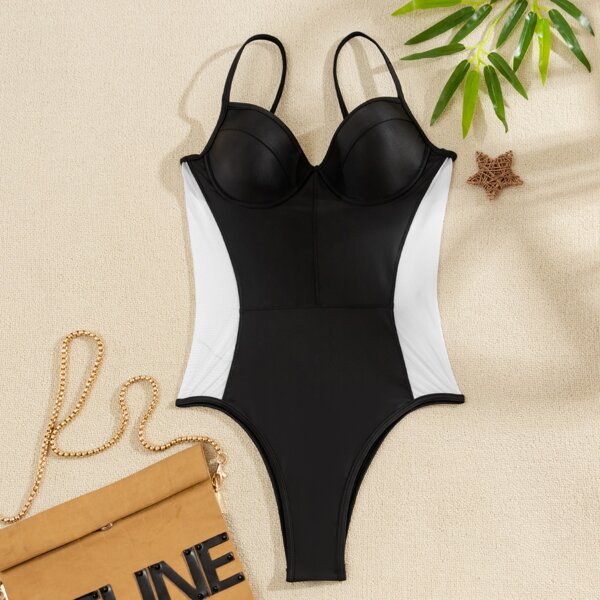 

Contrast Mesh Push Up One Piece Swimsuit, Black and white
