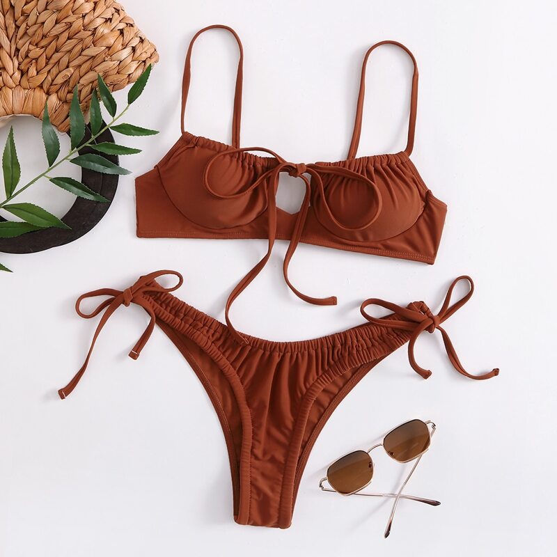 

Underwire Drawstring Bikini Swimsuit, Brown