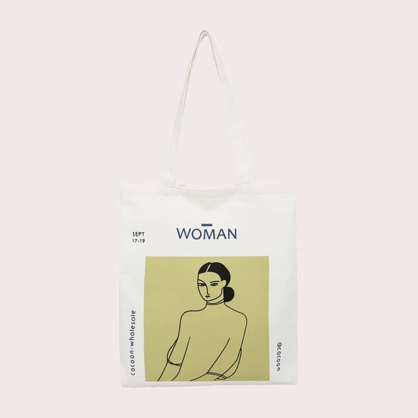 

Figure & Letter Graphic Tote Bag, White