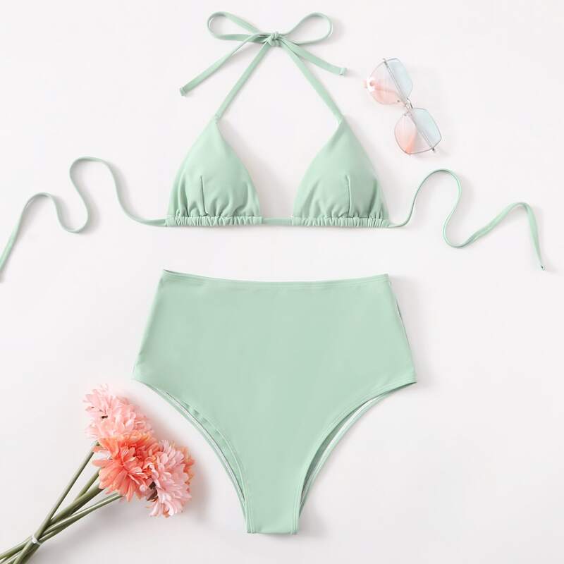 

Solid Triangle High Waist Bikini Swimsuit, Green