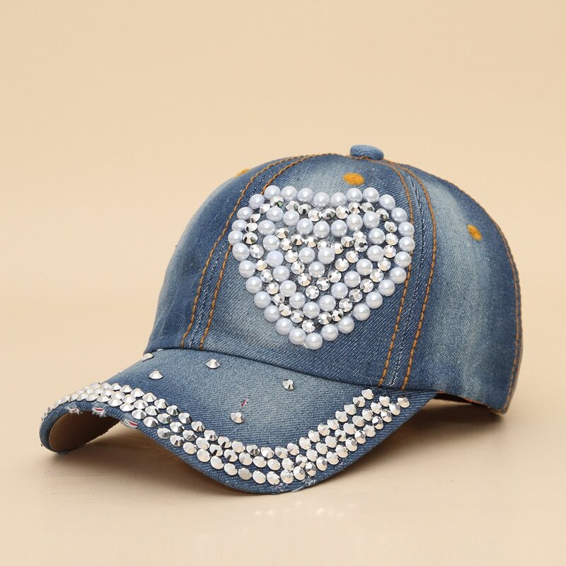 

Rhinestone & Faux Pearl Heart Baseball Cap, Blue