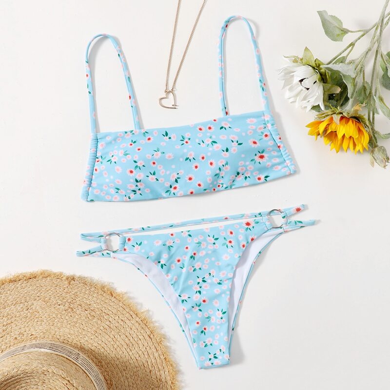 

Ditsy Floral Ring Decor Bikini Swimsuit, Blue