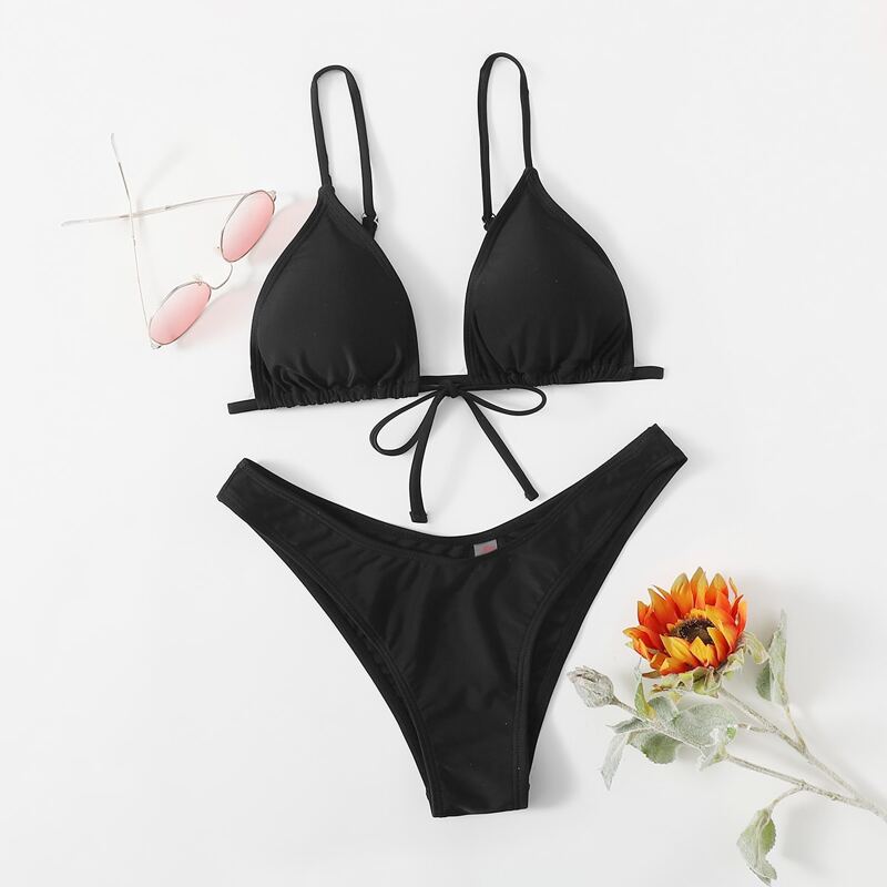 

Triangle High Leg Bikini Swimsuit, Black