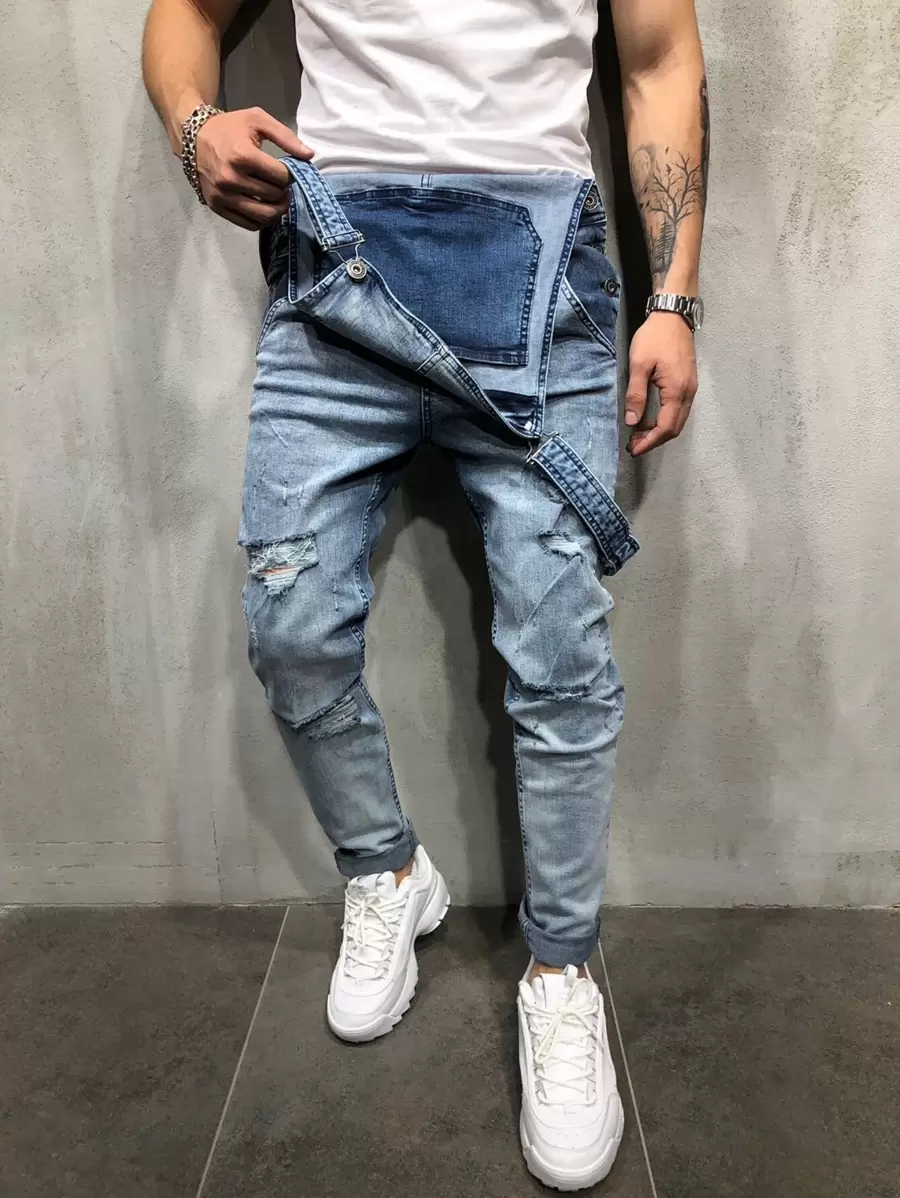 Manfinity Homme Men Cotton Distressed Skinny Leg Denim Dungarees - Light Wash - View 1