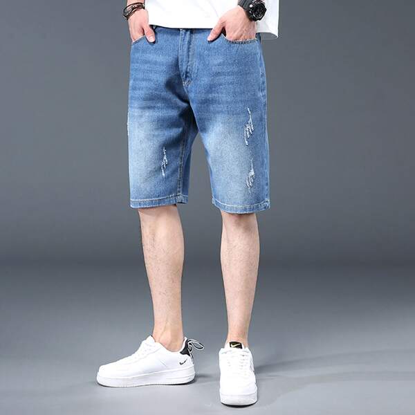 

Men Ripped Straight Leg Denim Shorts, Medium wash