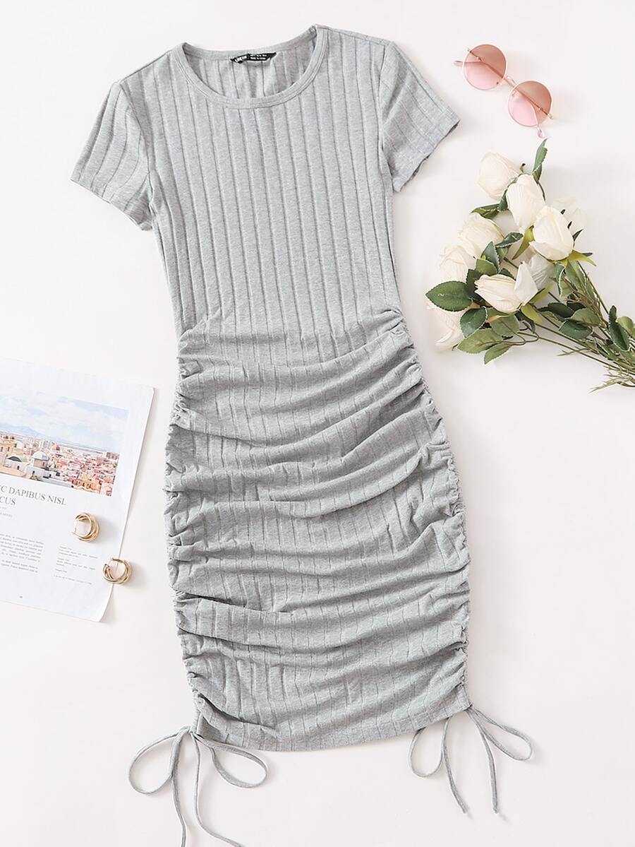 SHEIN EZwear Drawstring Side Rib-knit Bodycon Dress - Light Grey - View 1