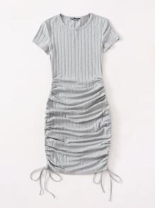SHEIN EZwear Drawstring Side Rib-knit Bodycon Dress - Light Grey - View 3