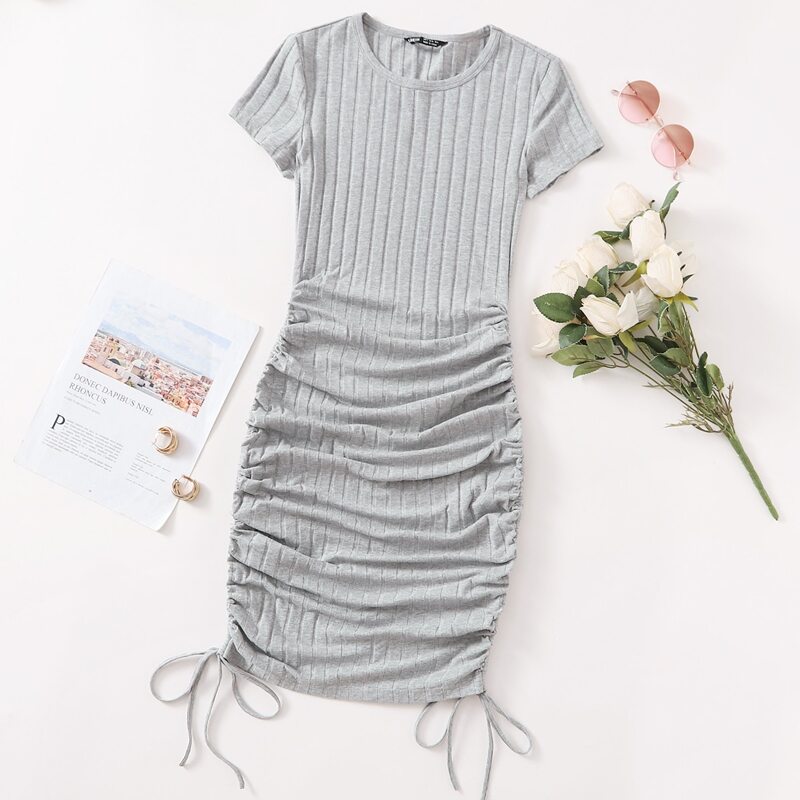 

Drawstring Side Rib-knit Bodycon Dress, Light grey
