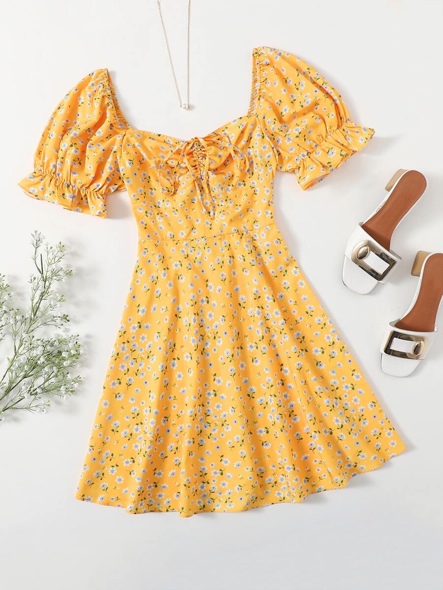 Soleia Puff Sleeve Ruched Front Ditsy Floral Dress - Yellow - View 1